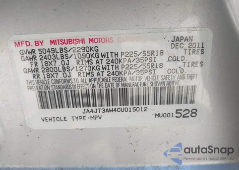 2012 Mitsubishi Outlander Se z USA, uszkodzony, nr VIN JA4JT3AW4CU015012
